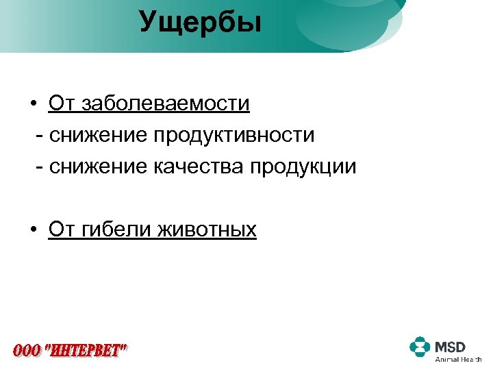Ущербы • От заболеваемости - снижение продуктивности - снижение качества продукции • От гибели