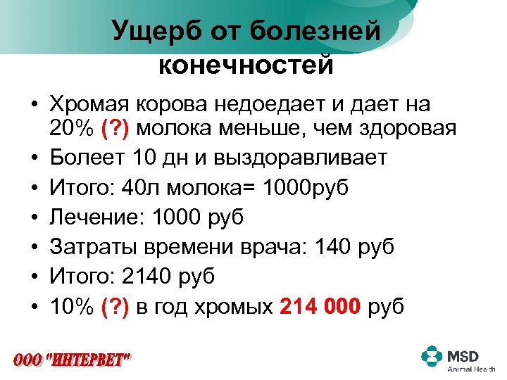 Ущерб от болезней конечностей • Хромая корова недоедает и дает на 20% (? )