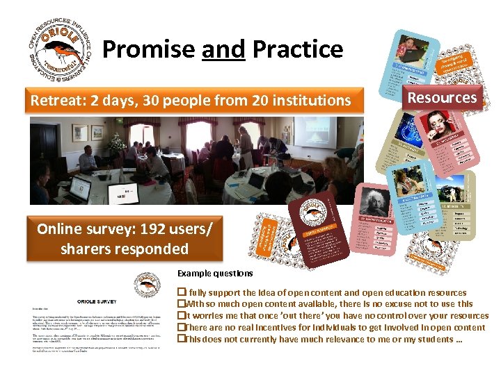 Promise and Practice Retreat: 2 days, 30 people from 20 institutions Resources Online survey: