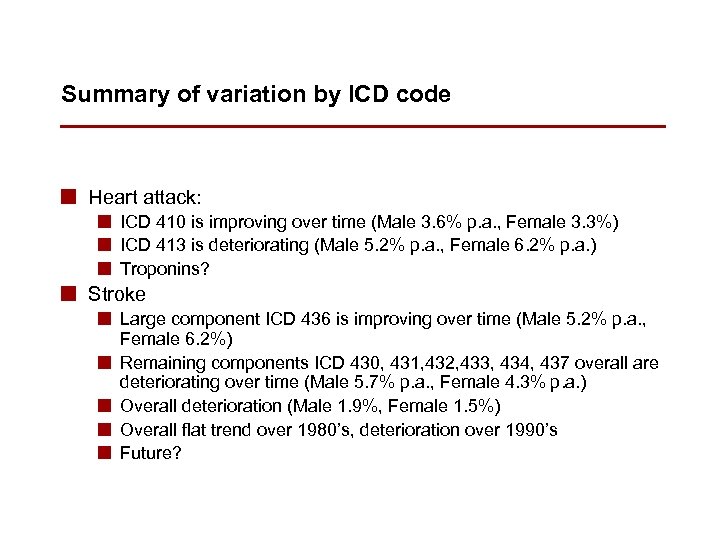 Summary of variation by ICD code n Heart attack: n ICD 410 is improving