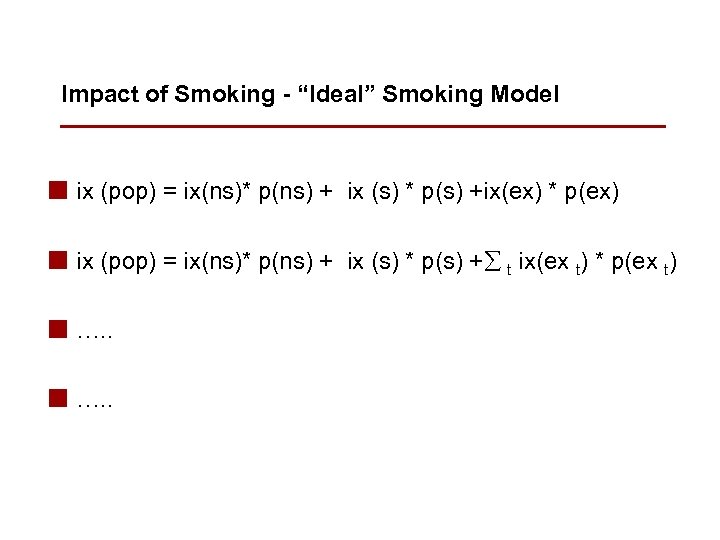 Impact of Smoking - “Ideal” Smoking Model n ix (pop) = ix(ns)* p(ns) +