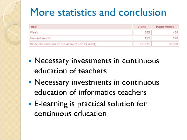 More statistics and conclusion Necessary investments in continuous education of teachers § Necessary investments