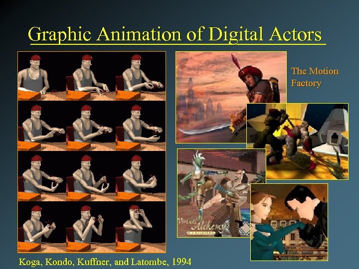 Graphic Animation of Digital Actors The Motion Factory Koga, Kondo, Kuffner, and Latombe, 1994