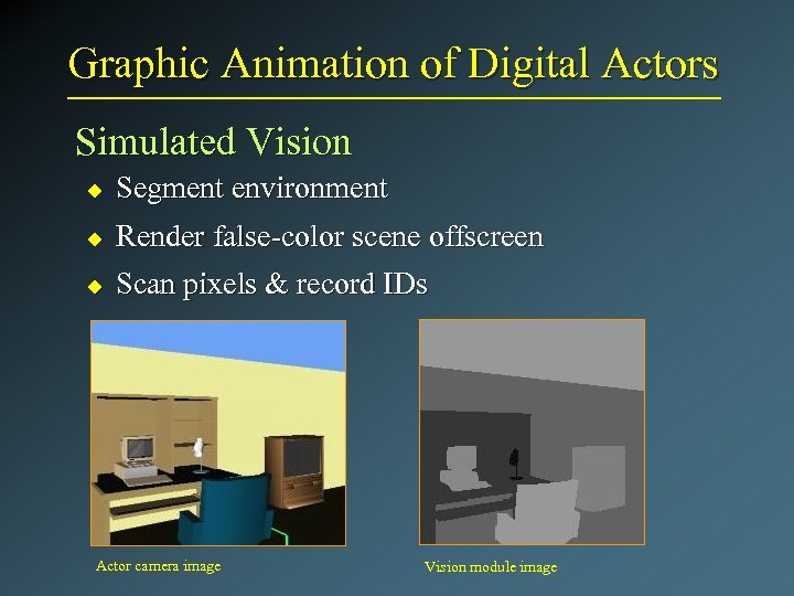 Graphic Animation of Digital Actors Simulated Vision u Segment environment u Render false-color scene