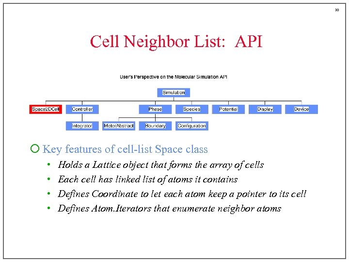 10 Cell Neighbor List: API ¡ Key features of cell-list Space class • •