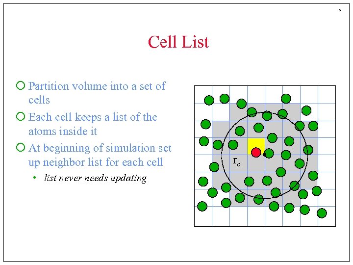 6 Cell List ¡ Partition volume into a set of cells ¡ Each cell