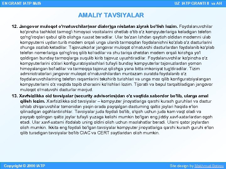 EN GRANT IATP II&IS UZ IATP GRANTI II va AH AMALIY TAVSIYALAR 12. Jangovor