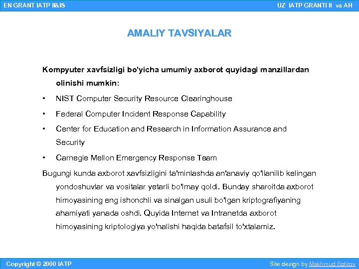 EN GRANT IATP II&IS UZ IATP GRANTI II va AH AMALIY TAVSIYALAR Kompyuter xavfsizligi