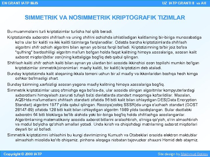 EN GRANT IATP II&IS UZ IATP GRANTI II va AH SIMMETRIK VA NOSIMMETRIK KRIPTOGRAFIK