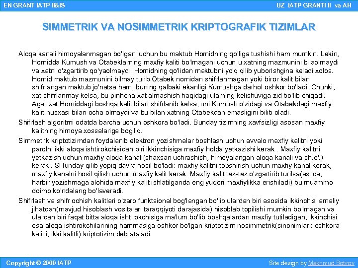 EN GRANT IATP II&IS UZ IATP GRANTI II va AH SIMMETRIK VA NOSIMMETRIK KRIPTOGRAFIK