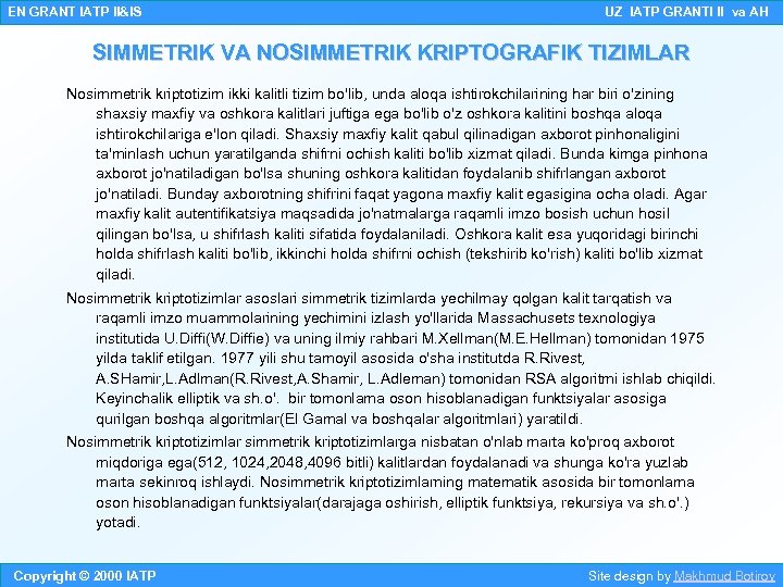 EN GRANT IATP II&IS UZ IATP GRANTI II va AH SIMMETRIK VA NOSIMMETRIK KRIPTOGRAFIK