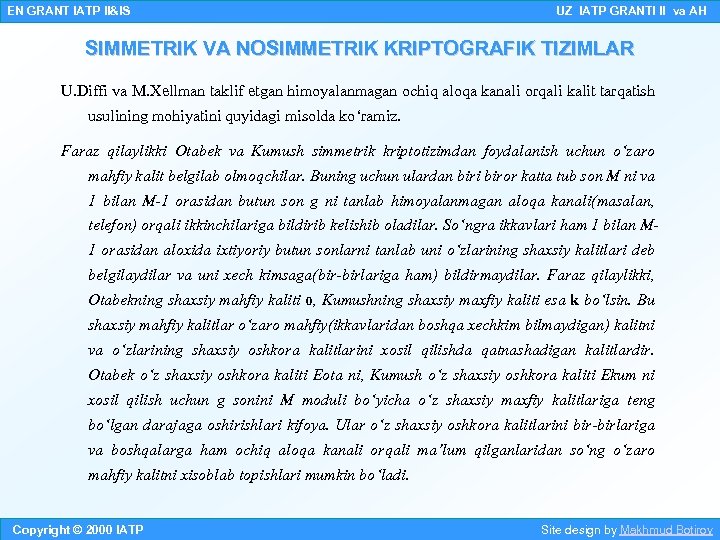 EN GRANT IATP II&IS UZ IATP GRANTI II va AH SIMMETRIK VA NOSIMMETRIK KRIPTOGRAFIK