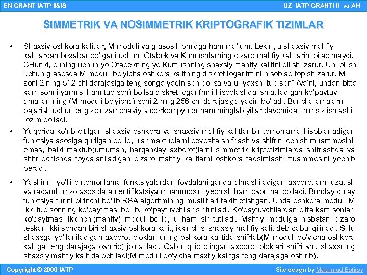 EN GRANT IATP II&IS UZ IATP GRANTI II va AH SIMMETRIK VA NOSIMMETRIK KRIPTOGRAFIK