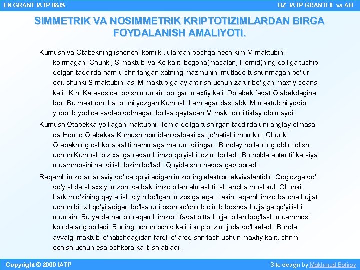 EN GRANT IATP II&IS UZ IATP GRANTI II va AH SIMMETRIK VA NOSIMMETRIK KRIPTOTIZIMLARDAN
