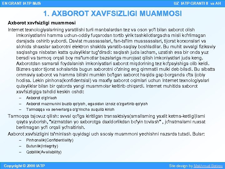 EN GRANT IATP II&IS UZ IATP GRANTI II va AH 1. AXBOROT XAVFSIZLIGI MUAMMOSI