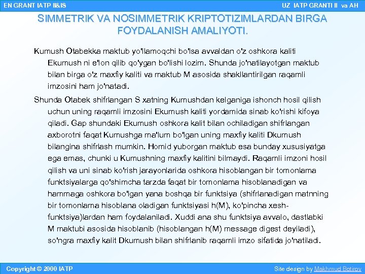 EN GRANT IATP II&IS UZ IATP GRANTI II va AH SIMMETRIK VA NOSIMMETRIK KRIPTOTIZIMLARDAN