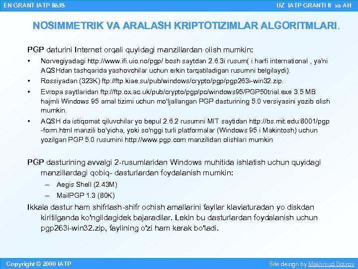 EN GRANT IATP II&IS UZ IATP GRANTI II va AH NOSIMMETRIK VA ARALASH KRIPTOTIZIMLAR