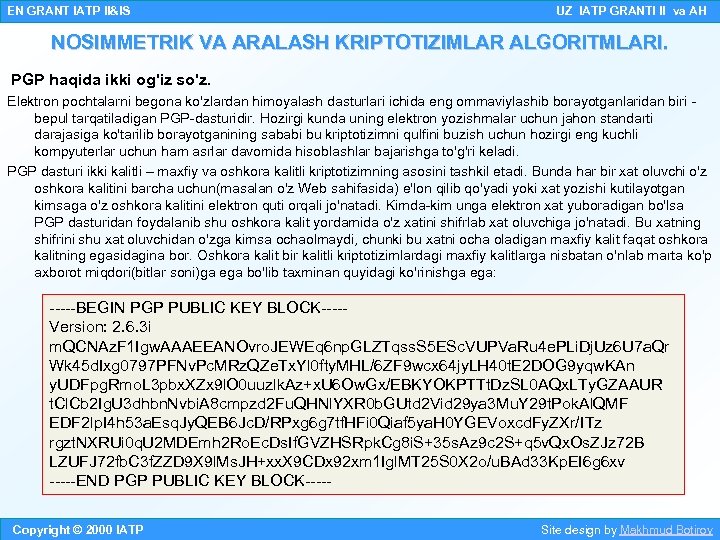 EN GRANT IATP II&IS UZ IATP GRANTI II va AH NOSIMMETRIK VA ARALASH KRIPTOTIZIMLAR