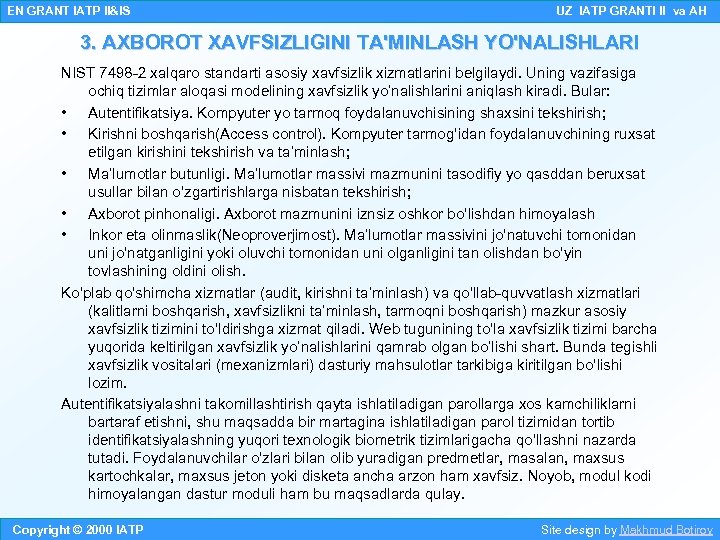 EN GRANT IATP II&IS UZ IATP GRANTI II va AH 3. AXBOROT XAVFSIZLIGINI TA'MINLASH