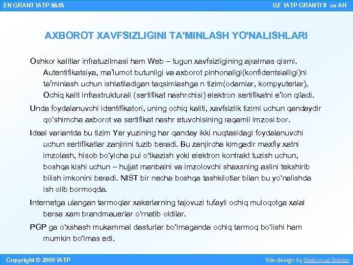 EN GRANT IATP II&IS UZ IATP GRANTI II va AH AXBOROT XAVFSIZLIGINI TA'MINLASH YO'NALISHLARI