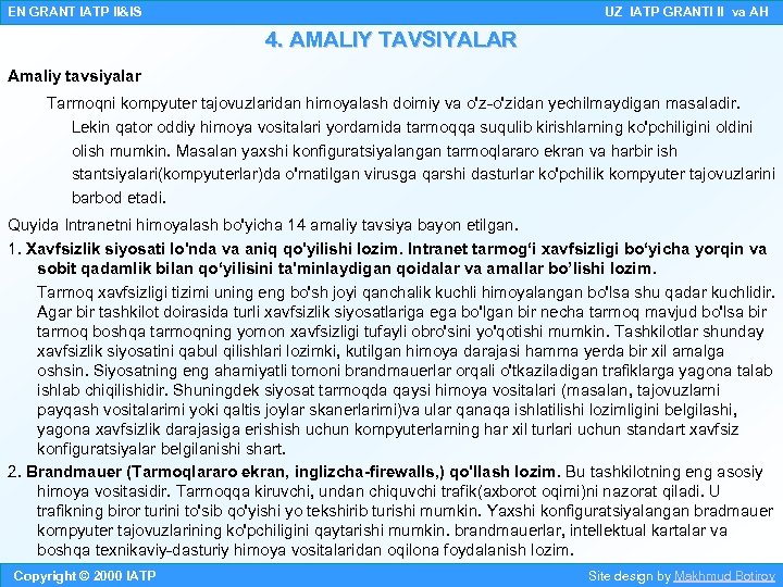 EN GRANT IATP II&IS UZ IATP GRANTI II va AH 4. AMALIY TAVSIYALAR Amaliy