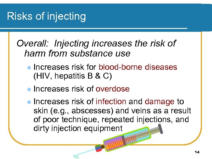 Risks of injecting Overall: Injecting increases the risk of harm from substance use l