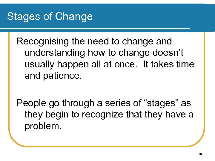 Stages of Change Recognising the need to change and understanding how to change doesn’t