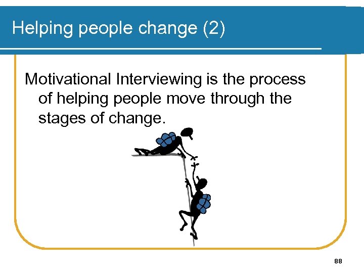 Helping people change (2) Motivational Interviewing is the process of helping people move through