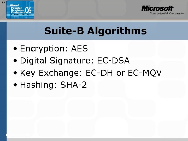 30 Suite-B Algorithms • Encryption: AES • Digital Signature: EC-DSA • Key Exchange: EC-DH
