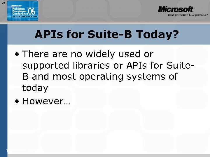 36 APIs for Suite-B Today? • There are no widely used or supported libraries