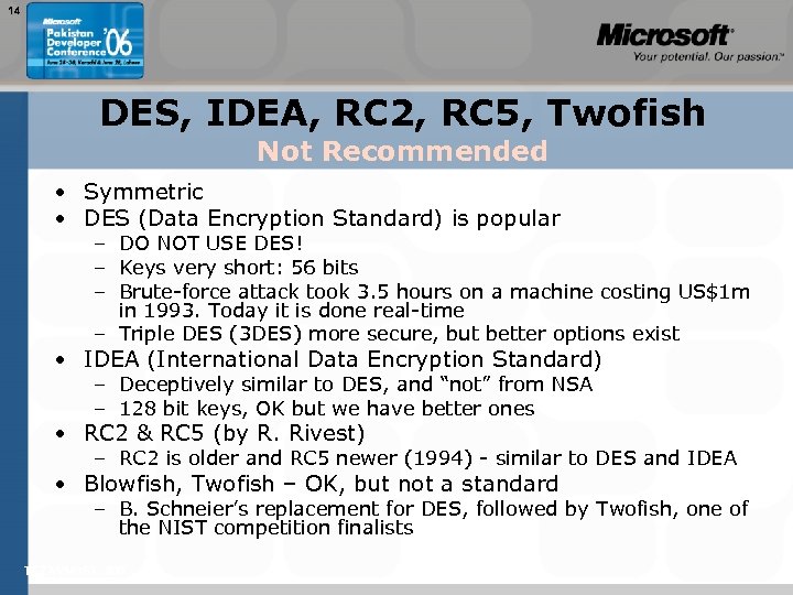 14 DES, IDEA, RC 2, RC 5, Twofish Not Recommended • Symmetric • DES