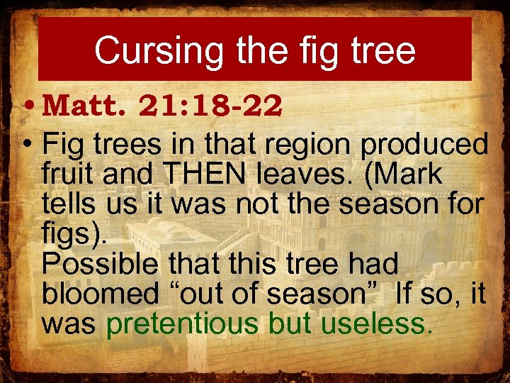 Cursing the fig tree • Matt. 21: 18 -22 • Fig trees in that