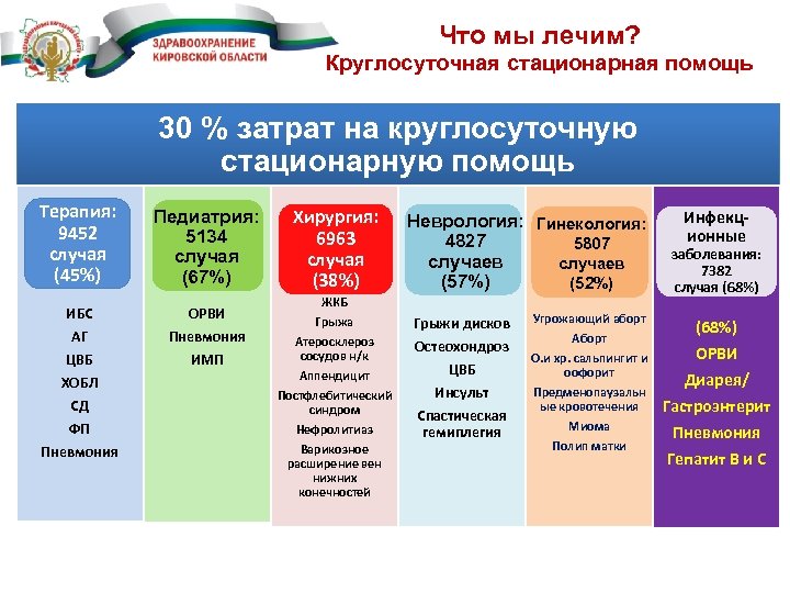 Что мы лечим? Круглосуточная стационарная помощь 30 % затрат на круглосуточную стационарную помощь Терапия: