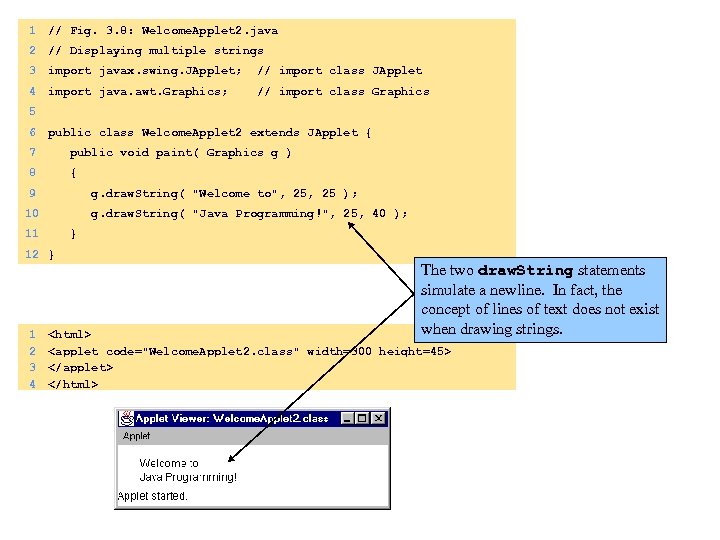 1 // Fig. 3. 8: Welcome. Applet 2. java 2 // Displaying multiple strings