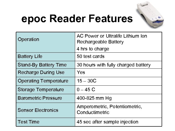 epoc Reader Features Operation AC Power or Ultralife Lithium Ion Rechargeable Battery 4 hrs