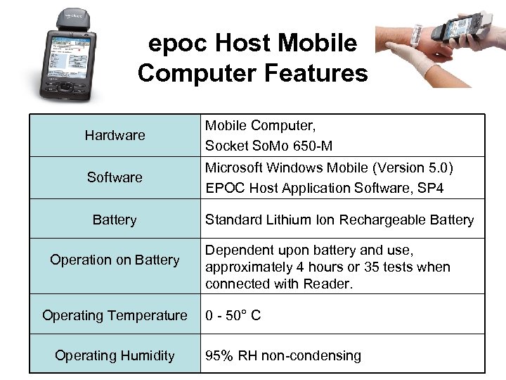 epoc Host Mobile Computer Features Hardware Mobile Computer, Socket So. Mo 650 -M Software