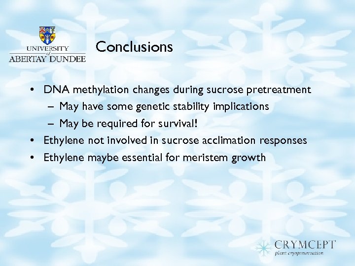 Conclusions • DNA methylation changes during sucrose pretreatment – May have some genetic stability
