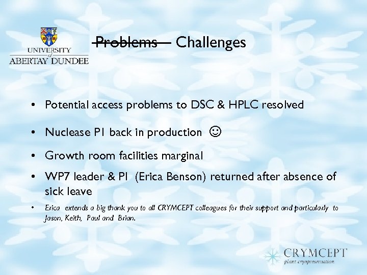 Problems Challenges • Potential access problems to DSC & HPLC resolved • Nuclease P