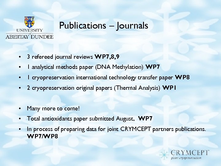 Publications – Journals • 3 refereed journal reviews WP 7, 8, 9 • 1