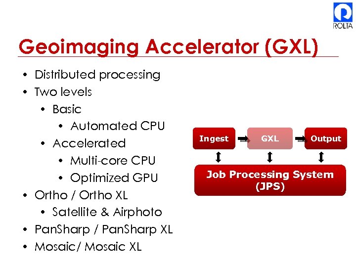 Geoimaging Accelerator (GXL) • Distributed processing • Two levels • Basic • Automated CPU