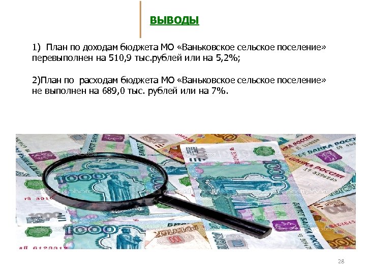 ВЫВОДЫ 1) План по доходам бюджета МО «Ваньковское сельское поселение» перевыполнен на 510, 9