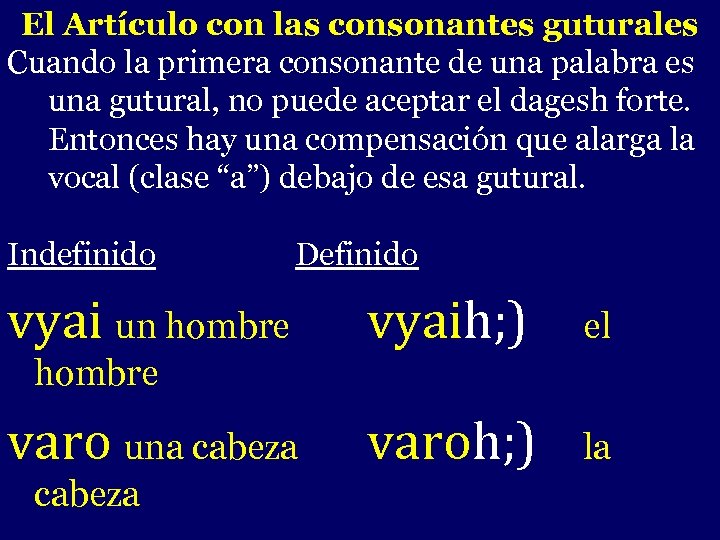 El Artículo con las consonantes guturales Cuando la primera consonante de una palabra es