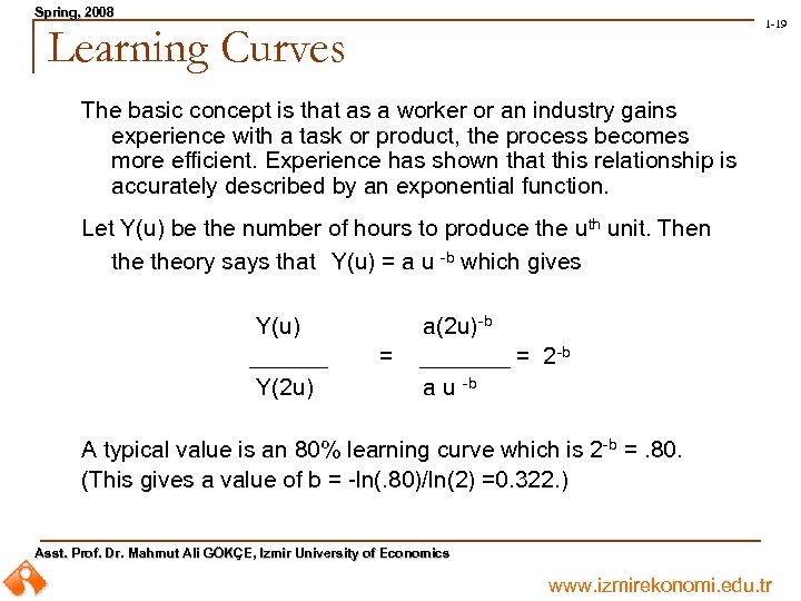 Spring, 2008 Spring, 1 -19 Learning Curves The basic concept is that as a