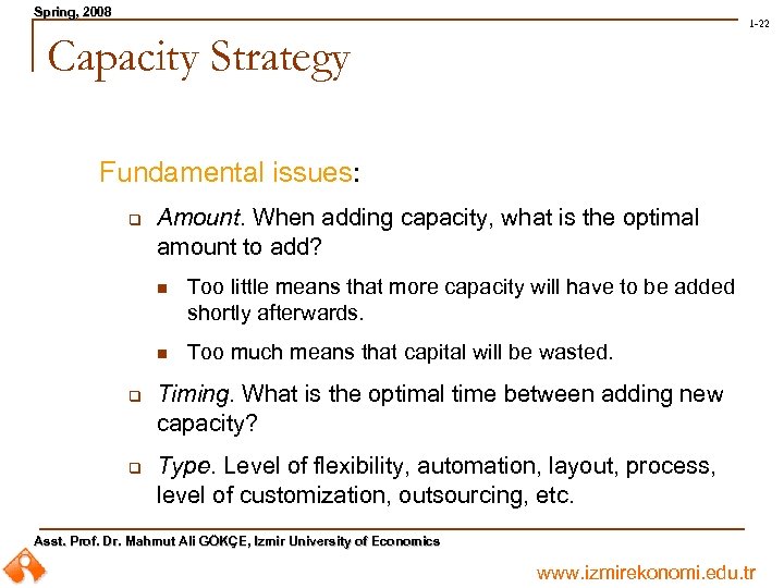 Spring, 2008 Spring, 1 -22 Capacity Strategy Fundamental issues: q Amount. When adding capacity,