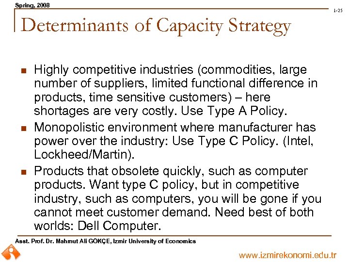 Spring, 2008 Spring, 1 -25 Determinants of Capacity Strategy n n n Highly competitive