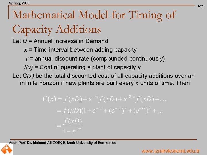 Spring, 2008 Spring, 1 -26 Mathematical Model for Timing of Capacity Additions Let D