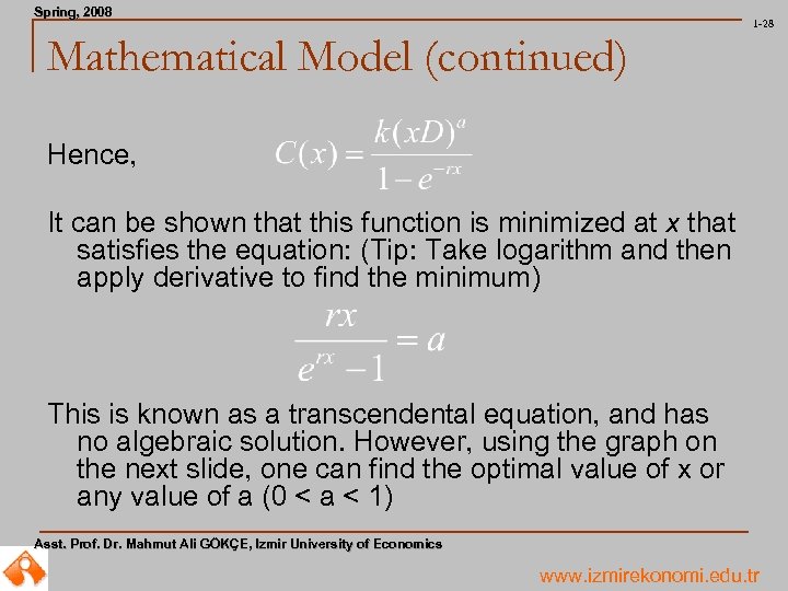 Spring, 2008 Spring, 1 -28 Mathematical Model (continued) Hence, It can be shown that