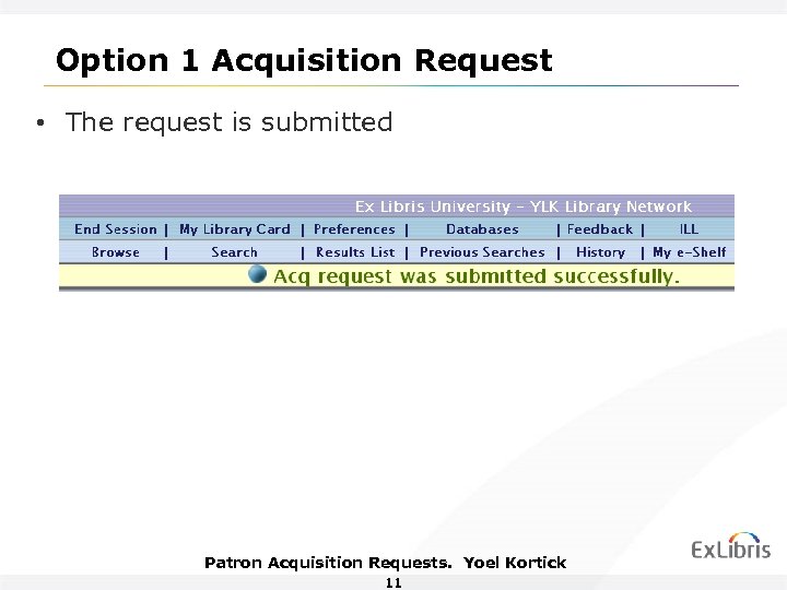 Option 1 Acquisition Request • The request is submitted Patron Acquisition Requests. Yoel Kortick