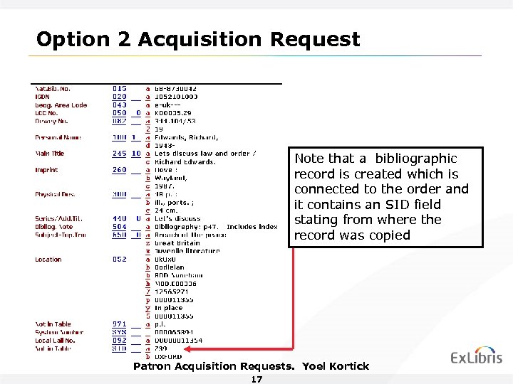 Option 2 Acquisition Request Note that a bibliographic record is created which is connected
