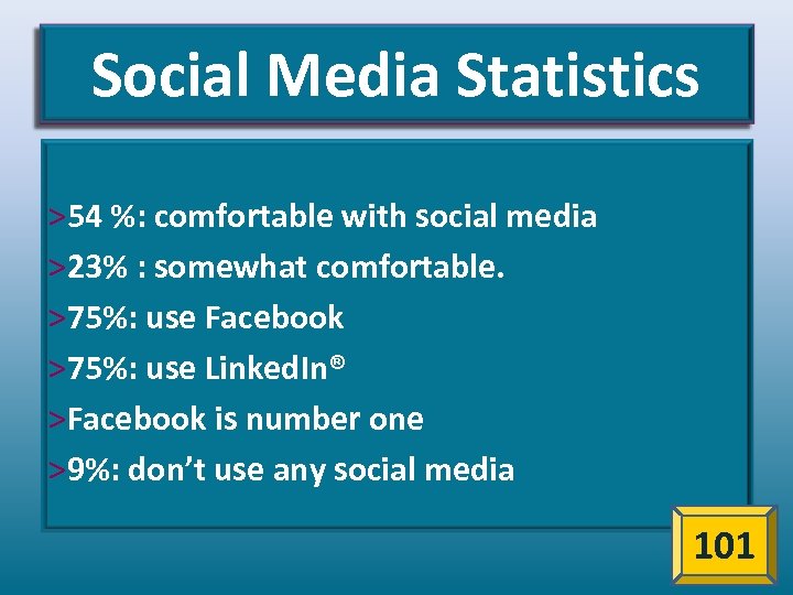 Social Media Statistics >54 %: comfortable with social media >23% : somewhat comfortable. >75%: